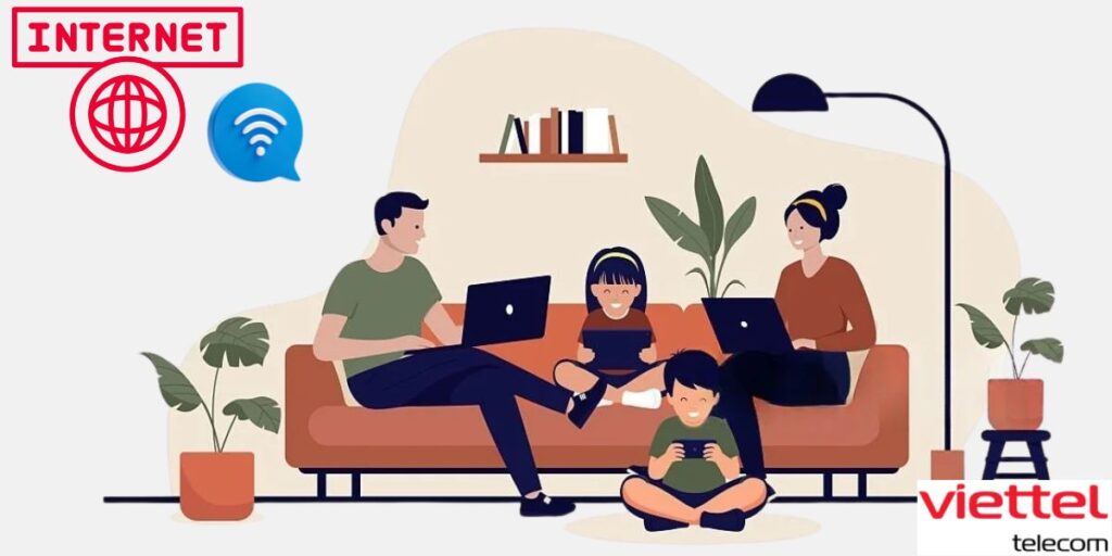 gia dinh đang vui vẻ lượt web với wifi viettel